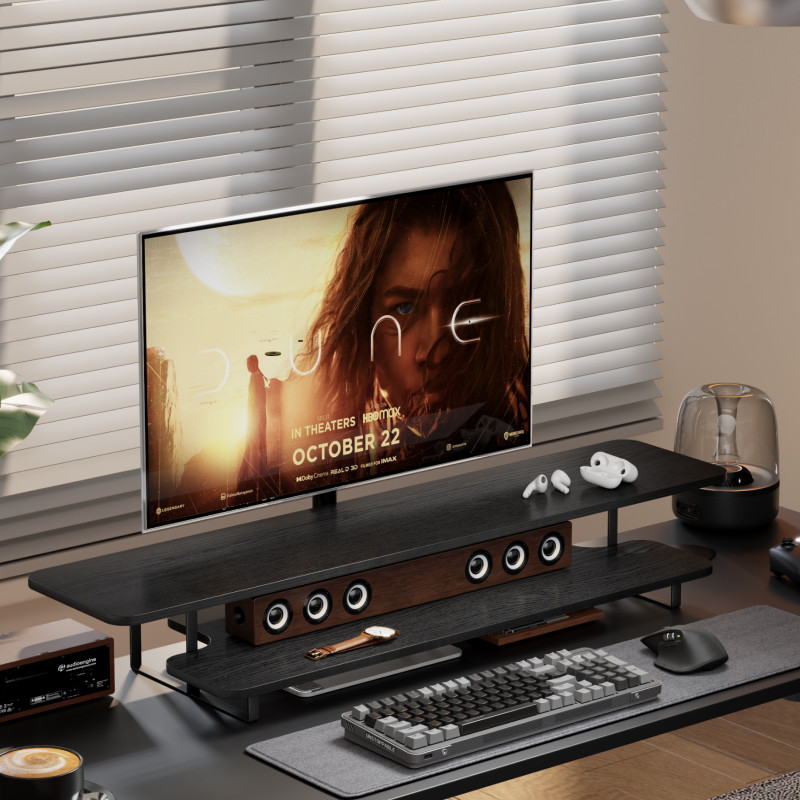 Desk Setup With Laptop And Monitor - 월넛 마감 모니터 스탠드 라이저 원목