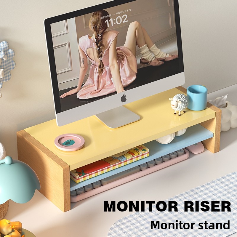 Desk Setup Workspace - 나무 모니터 받침대 스탠드, 수납 선반