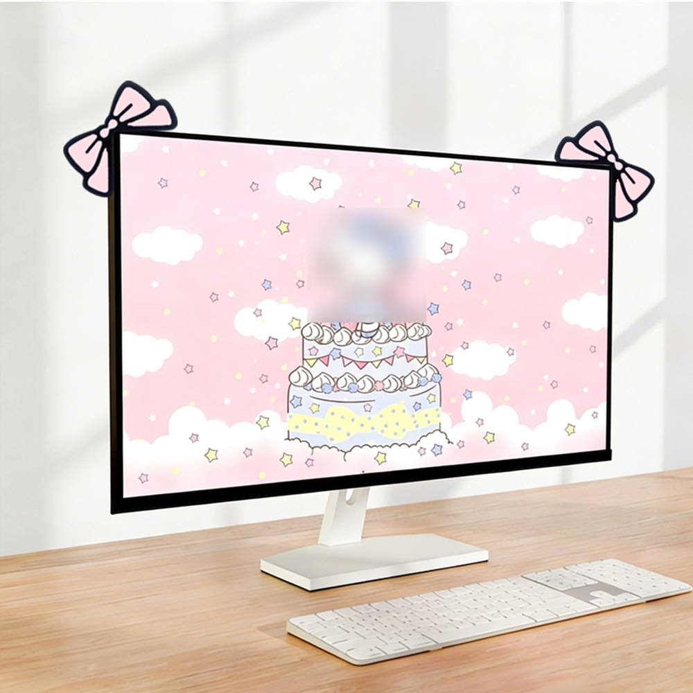 Desk Setup With Laptop And Monitor - 귀여운 핑크 리본 모니터 장식 카와이